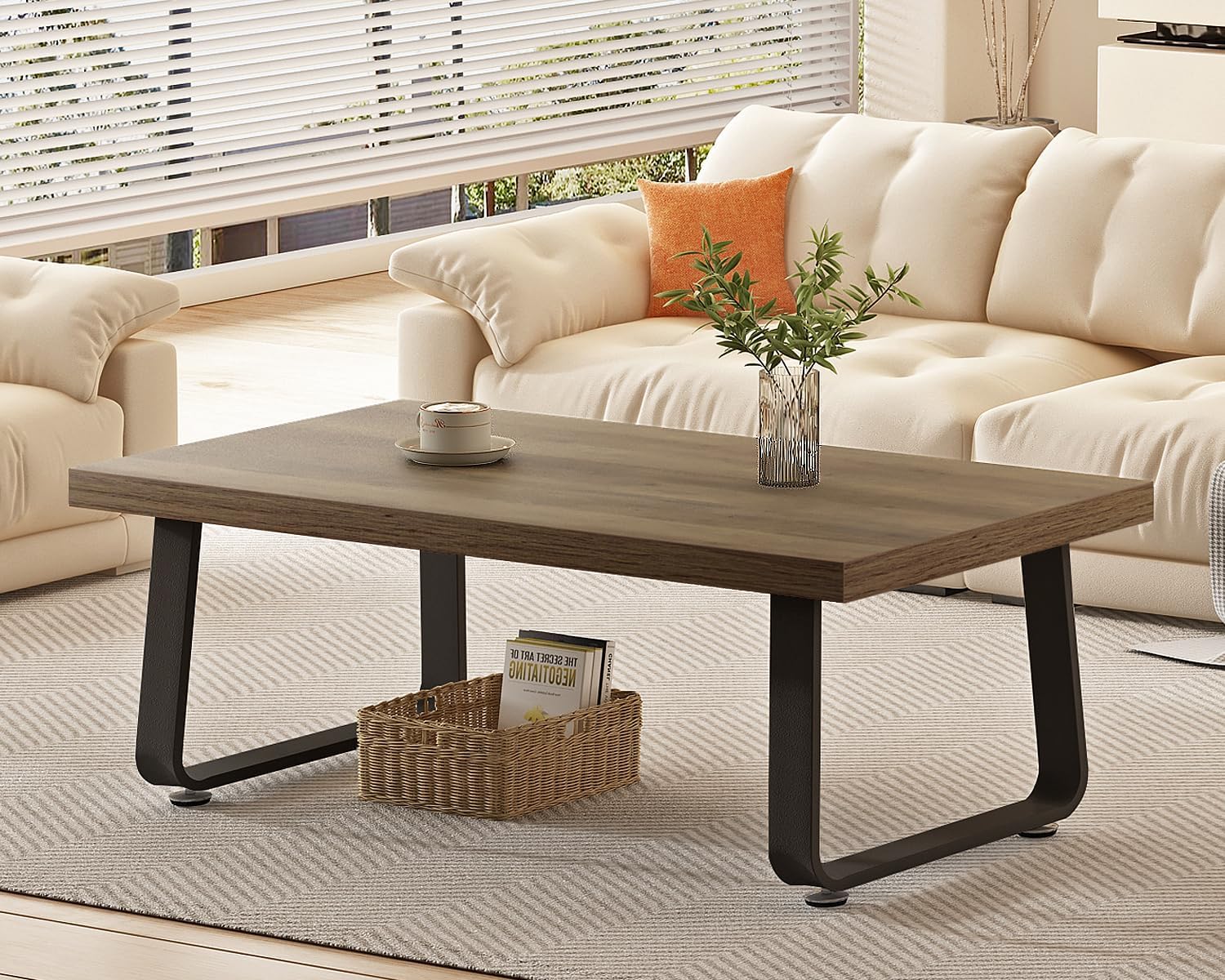 HSH 47" Rustic Industrial Coffee Table - Farmhouse Modern Minimalist Center Table with Wood & Metal Legs,Cocktail Table for Living Room, Bedroom, Home Office, Rustic Oak