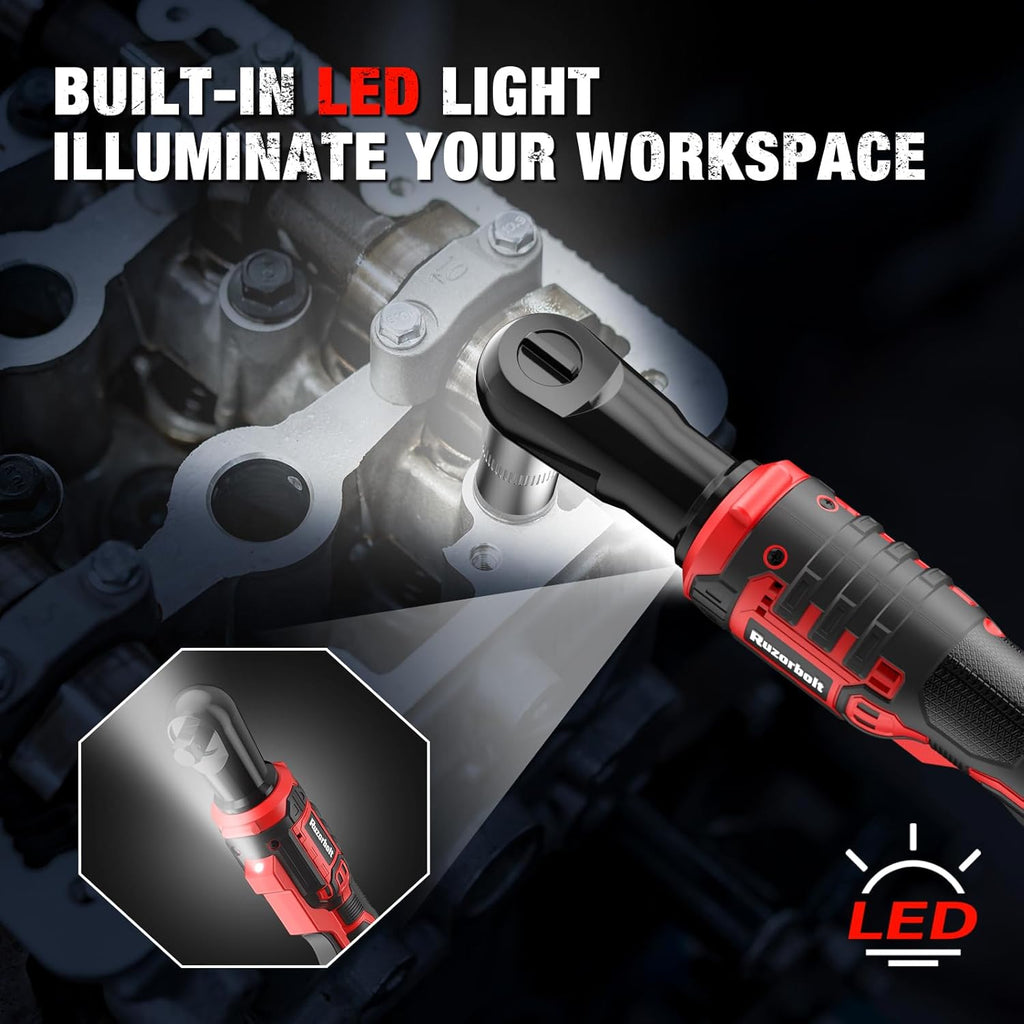 20V Cordless Ratchet Wrench 3/8" Set, 88 Ft-lbs(120N.m), 500 RPM, Electric Ratchet Wrench with 2PCS 2000mAh Batteries, Variable Speed, LED Light, 5 Sockets, 1/2" Adapter, 3" Extension Bar