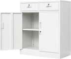 Wanfu Metal Storage Cabinet, Locking Storage Cabinet with Adjustable Shelf, 36" H Metal Cabinets with 2 Drawers for Office, Garage, Home-White