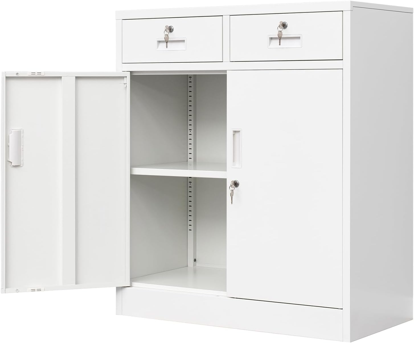 Wanfu Metal Storage Cabinet, Locking Storage Cabinet with Adjustable Shelf, 36" H Metal Cabinets with 2 Drawers for Office, Garage, Home-White