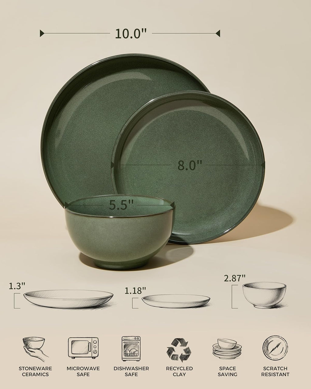 Pokini Stoneware Dinnerware Sets, Ceramic Plates and Bowls Set, Microwave & Dishwasher Safe Kitchen Dishes, Modern Dinner Salad Plates | Cereal Bowls, Dishware Sets Service for 4 Forest Green