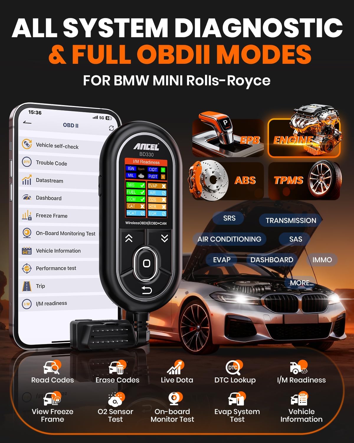 (Upgraded BD310) ANCEL BD330 Fit for BMW OBD2 Scanner – Battery Registration Tool, Code Reader for BMW/Mini/RR, BMW Diagnostic Scan Tool with Full System Diagnostics & Free EPB/Oil/Throttle Resets