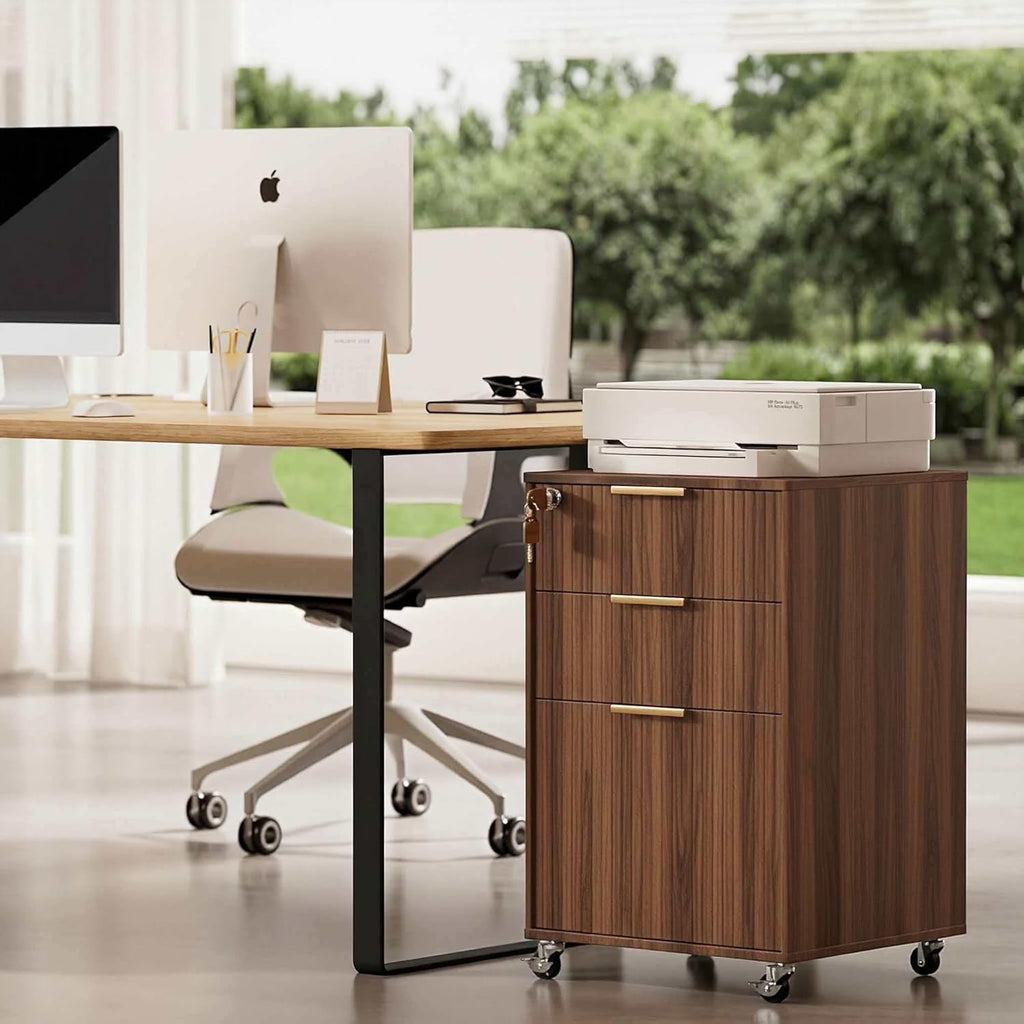 INNOD 3 Drawer Fluted Mobile File Cabinet with Lock, Rolling File Cabinet, Under Desk Wooden Filing Cabinets for Home Office (Walnut)