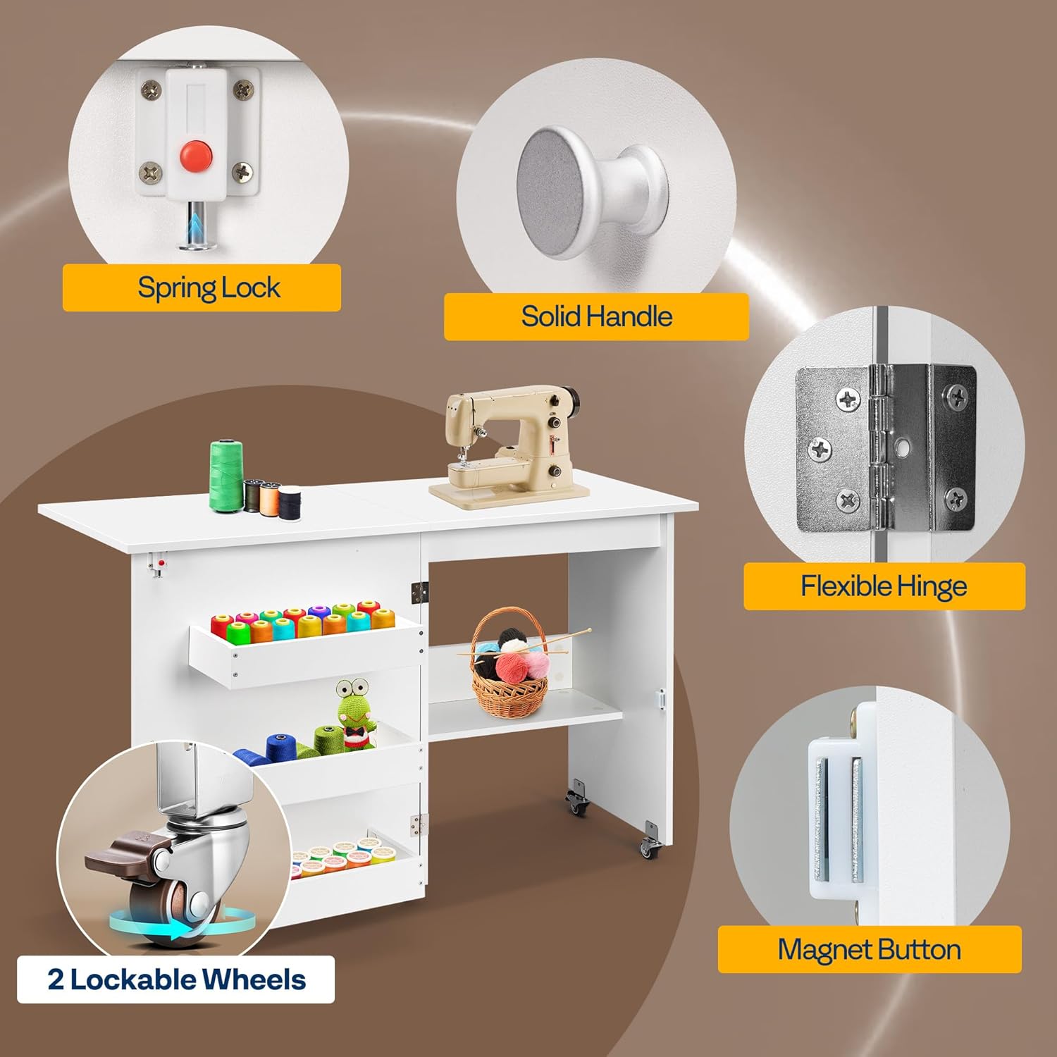 VIVOHOME Folding Sewing Craft Table, Rolling Sewing Machine Desk with Storage Shelves, Sewing Cabinet with Lift for Small Spaces, White