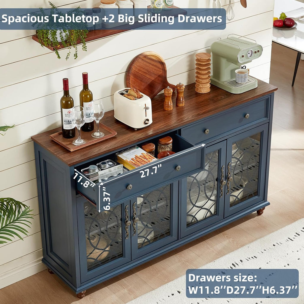 Joaxswe Farmhouse Sideboard Buffet Cabinet with Storage,59" Large Credenza with 4 Glass Doors & 2 Drawers,Adjustable Shelves Console Table,Wood Kitchen Coffee Bar for Dining Room,Living Room,Navy Blue