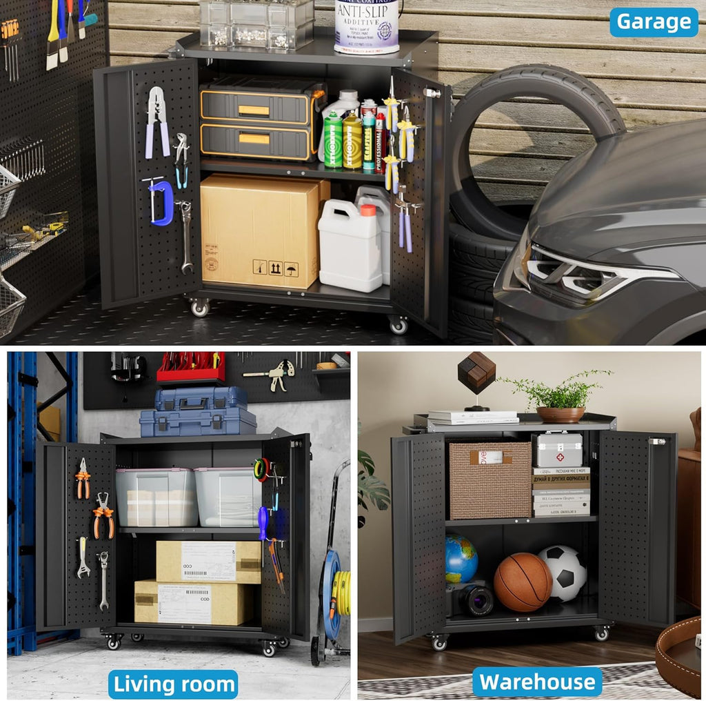 Aobabo 31.5" H Garage Storage Cabinet with Wheels,Lockable Metal Storage Cabinet with 2 Doors for Garage Home Office Storage,Black,Assembly Required