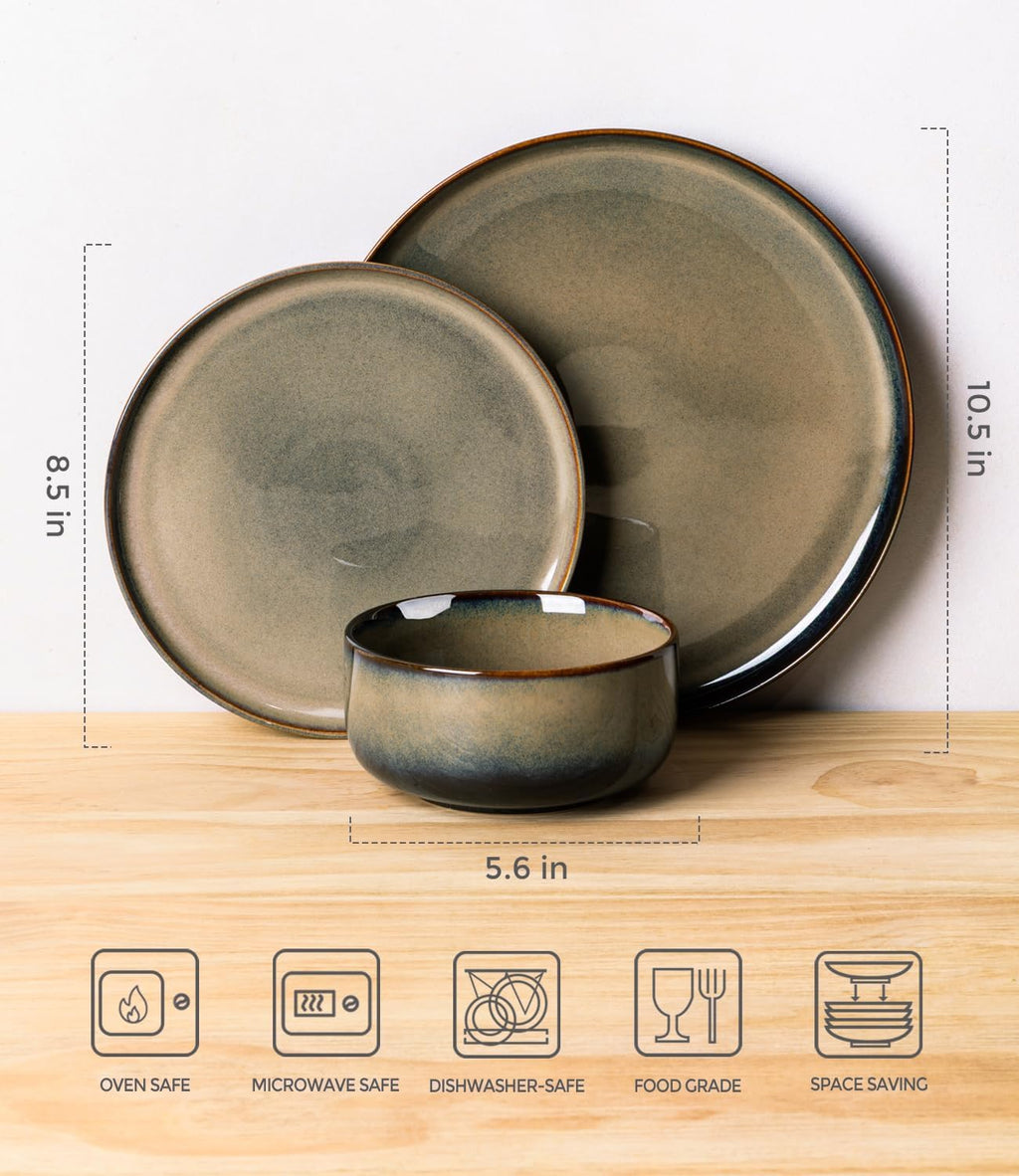 TheTerra Ceramic Dinnerware Sets for 6, 18 Pieces Handmade Reactive Glaze Plates and Bowls Set, Scratch Resistant Dish Set, Oven & Microwave & Dishwasher Safe, Coca Mocha