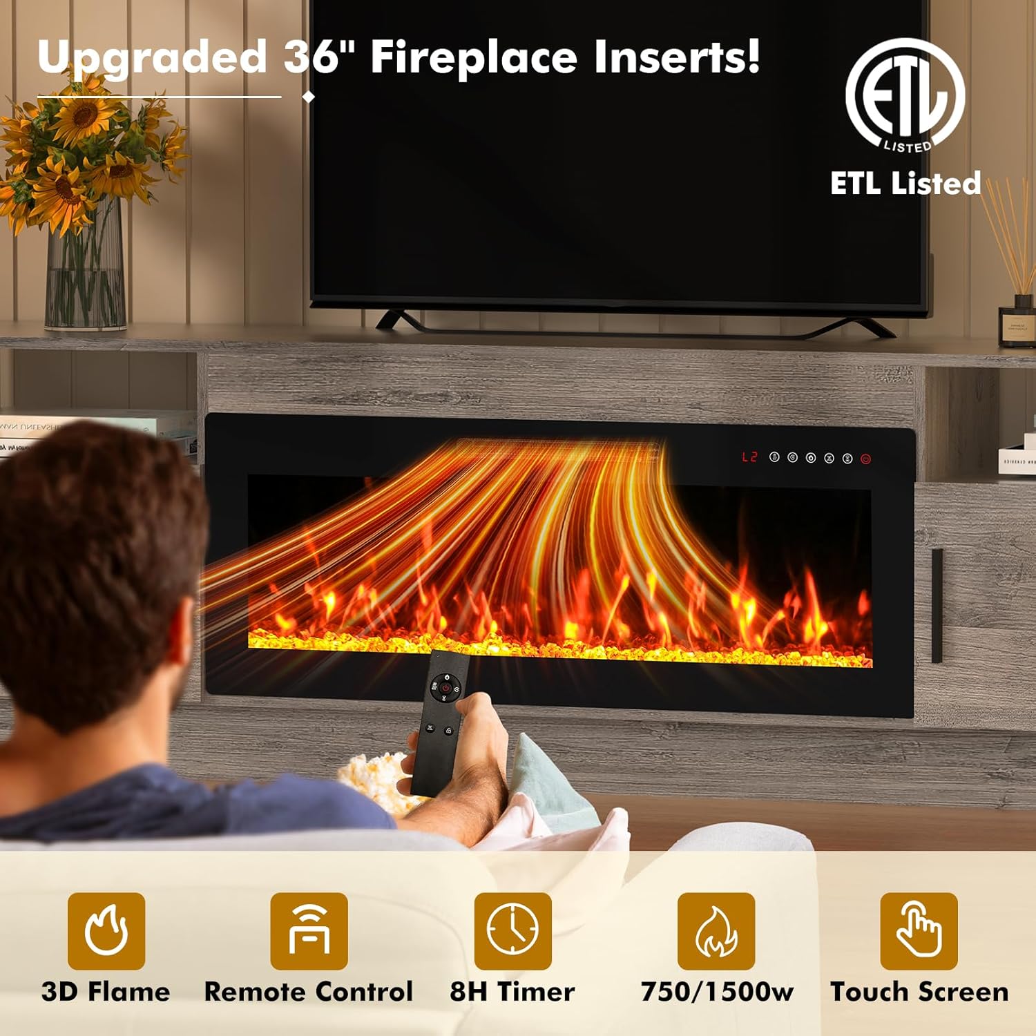 BREEZEHEAT 70 inch TV Stand with Fireplace-Led Entertainment Center for TVs Up to 80 Inch-Fireplace Console with Storage Cabinets, Metal Handles, Rustic TV Stand for Living Room-Grey