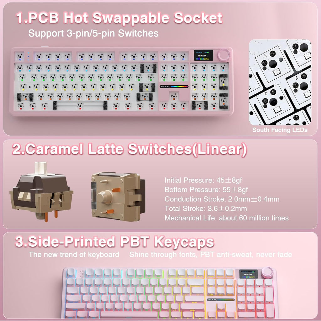 AULA F108 PRO - Wireless Mechanical Keyboard with Screen & Knob,Full Size Keyboard with 8000mAh Battery,Pre-lubed Switches,Side Printed PBT Keycaps,RGB Backlit Hot Swappable Custom Pink Keyboards