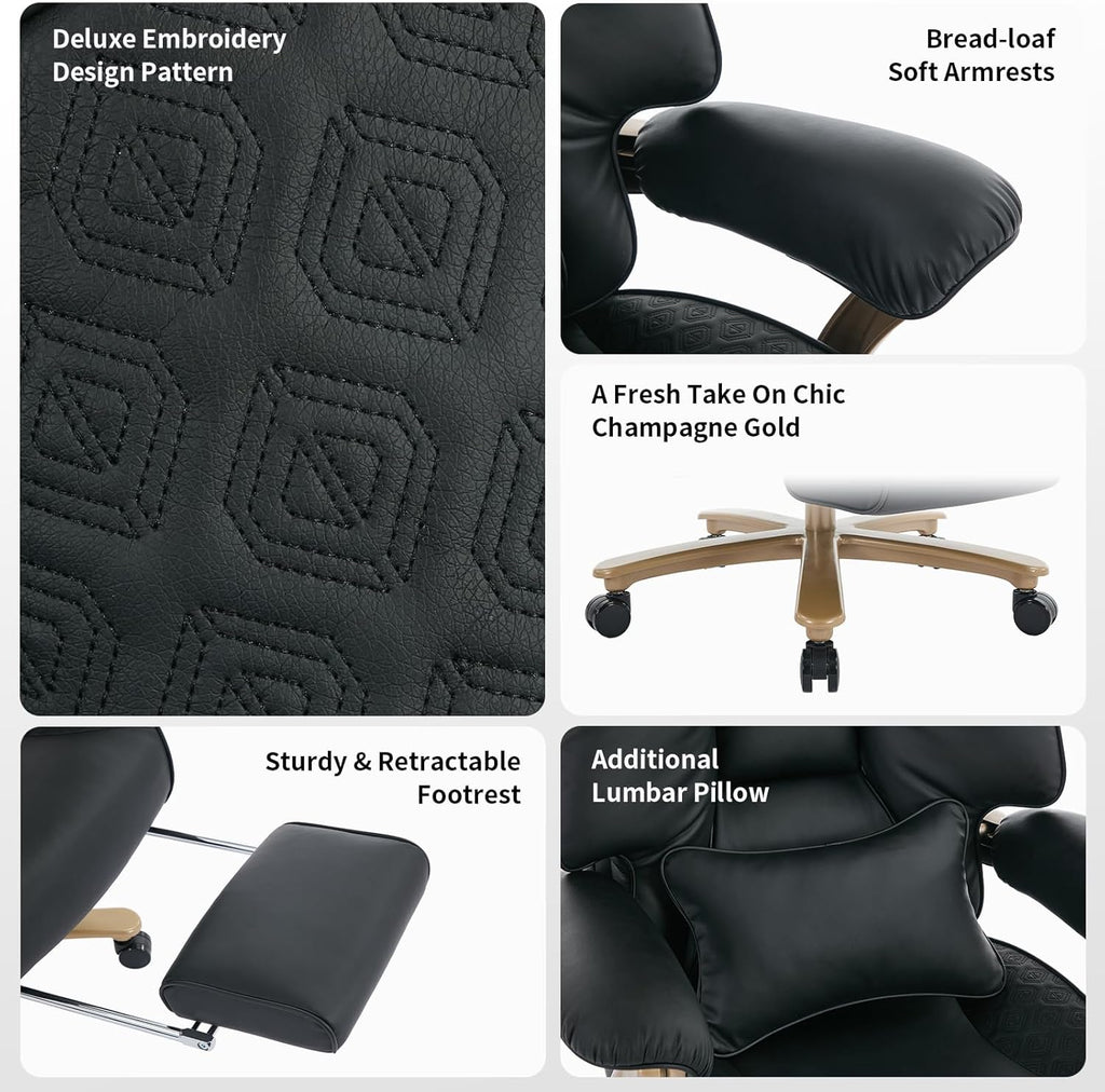 Big and Tall Executive Office Chair with Footrest, 400LBS Capacity Ergonomic High-Back Desk Office Chair with Lumbar Support, Padded Armrests & Thick Cushion, Black PU Leather Chairs