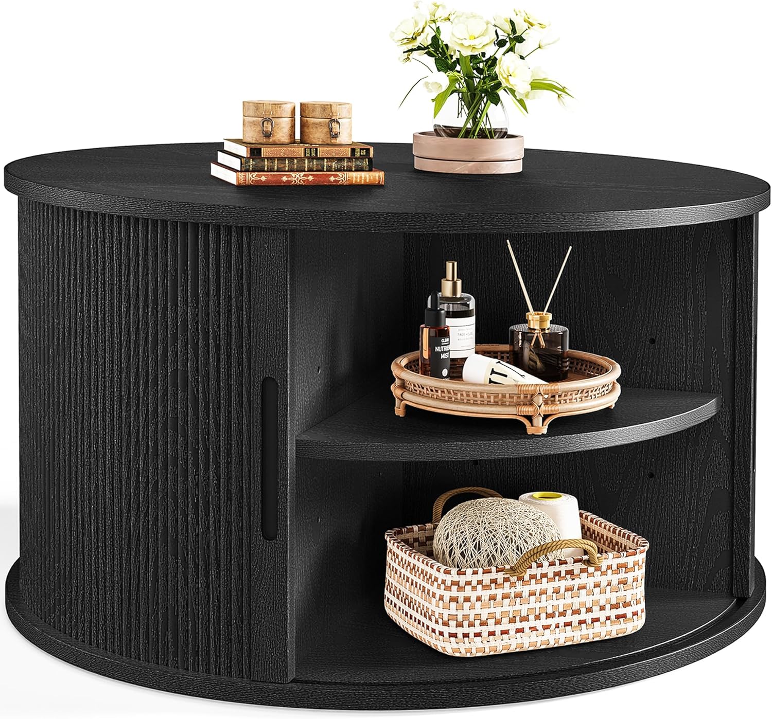 LINSY HOME Round Coffee Table, 31.5" Drum Coffee Table with Sliding Tambour Door, Fluted Accent Center Table with Storage, Mid Century Modern Coffee Table for Living Room (Black)