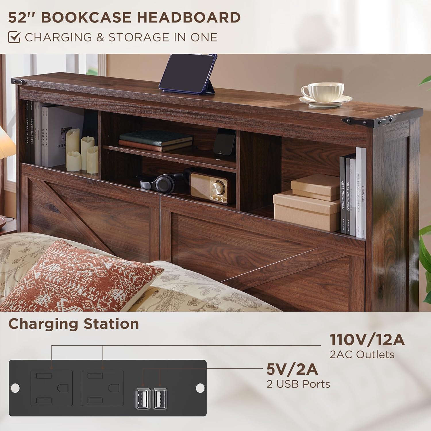 ACCOHOHO Farmhouse King Size Bed Frame with 52" Tall Storage Headboard and LED Light,Wood Platform Bed Frame with 4 Drawers and Charging Station,Solid Wood Slats Support,No Box Spring Needed,Brown