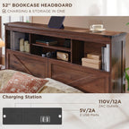 ACCOHOHO Farmhouse King Size Bed Frame with 52" Tall Storage Headboard and LED Light,Wood Platform Bed Frame with 4 Drawers and Charging Station,Solid Wood Slats Support,No Box Spring Needed,Brown