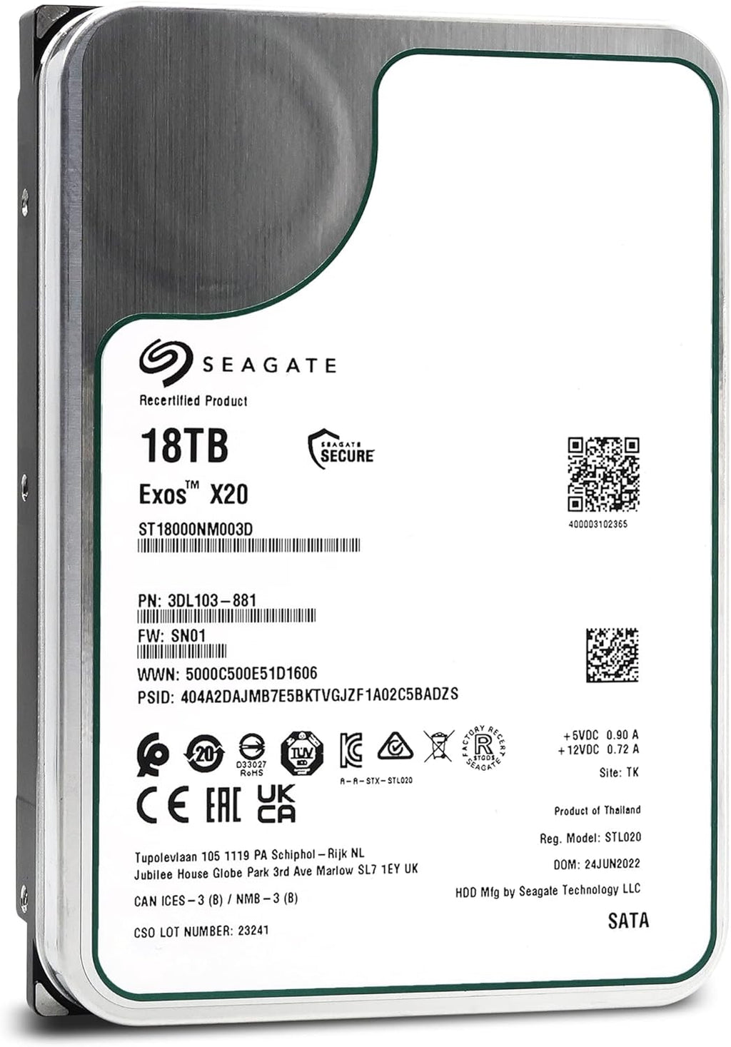 Seagate Exos X20 18TB 7200 RPM 512e SATA 6Gb/s 3.5" Enterprise Hard Drive - ST18000NM003D (Renewed)
