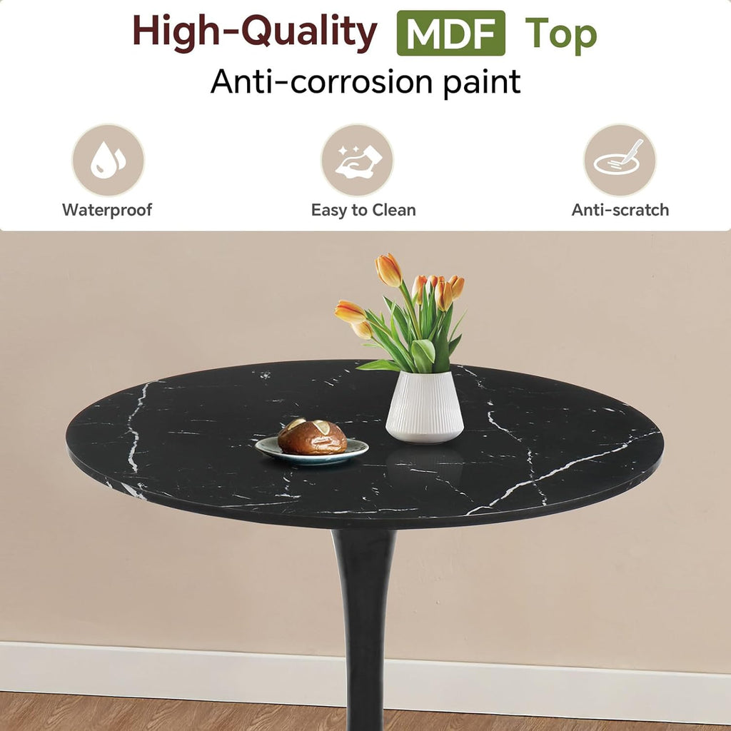 Round Dining Table 27.5" Faux Marble Black Tulip Table with Pedestal Base for 2-4 People Small Space - Kitchen Living Room Cafe