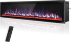PHI VILLA 72" Electric Fireplace Wall Mounted, Recessed Wall Fireplace Electric with Crystal, Fake Charcoal & Firewood Bed for Indoor, Remote Control, 750W/1500W, Timer, Ultra-Narrow Bezel