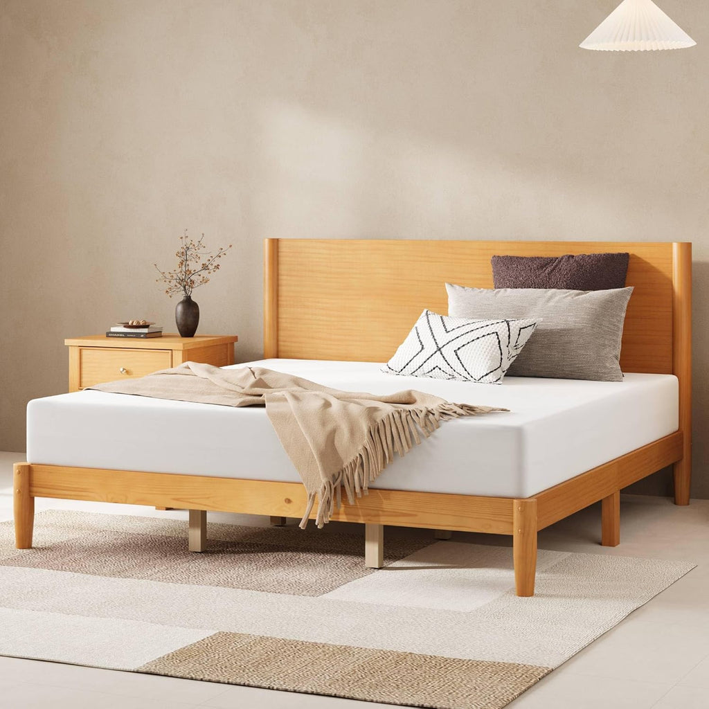 AMERLIFE Solid Wood King Size Bed Frame, Mid Century Modern Platform Bed with Full Panel Headboard, Noise-Free & Cylindrical Legs, No Box Spring Needed, Under-Bed Storage, Natural Wood