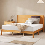 AMERLIFE Solid Wood King Size Bed Frame, Mid Century Modern Platform Bed with Full Panel Headboard, Noise-Free & Cylindrical Legs, No Box Spring Needed, Under-Bed Storage, Natural Wood