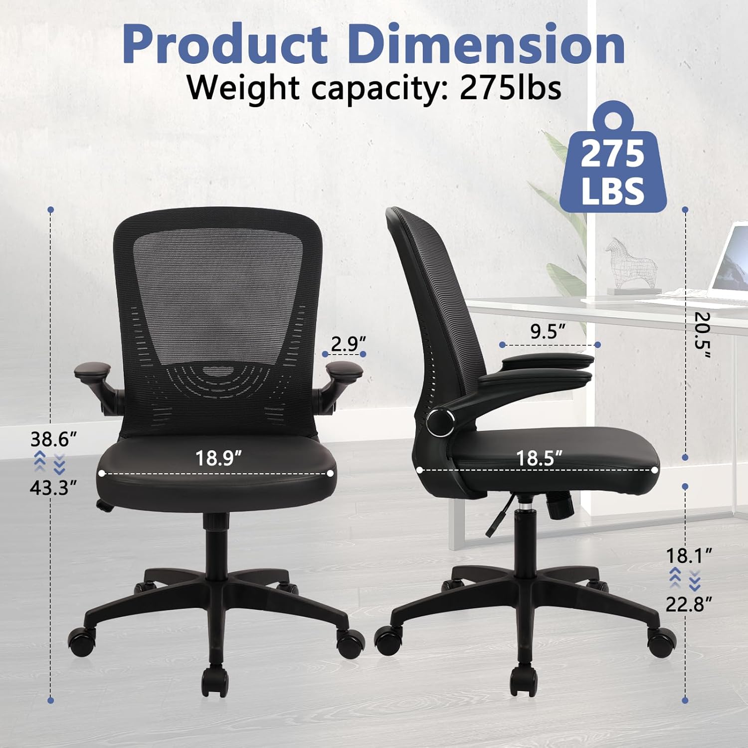 CLATINA Desk Chairs with PU Leather Seat, Flip Up Arms Ergonomic Mesh Back Office Chair with Lumbar Support, Adjustable Height Swivel Rolling Computer Chairs for Home Conference Meeting, Black, 4 Pack