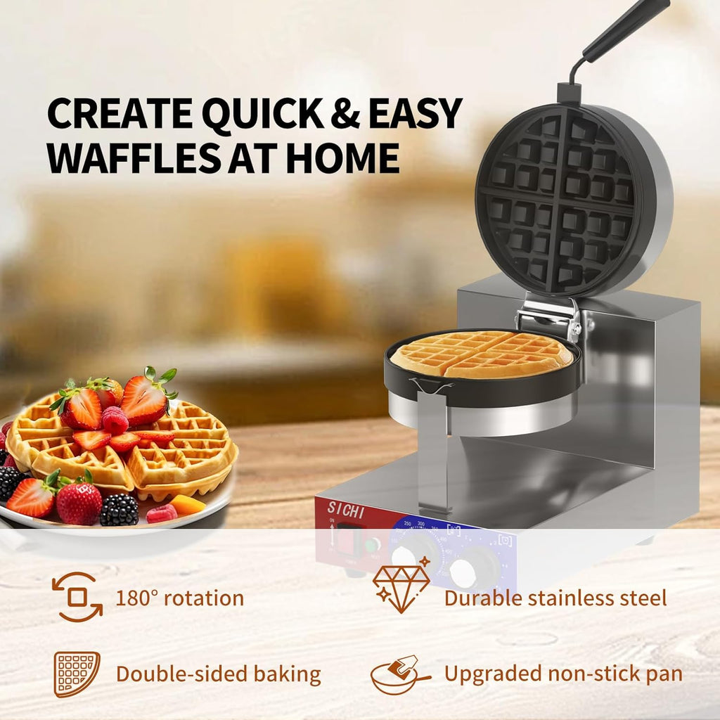 Commercial Waffle Maker - Belgian Waffle Maker w/Non-stick Baking Pan and 550℉ Heating, 1200W Rotating Waffle Iron for 1.2" Thick, Stainless Steel Round Waffle Machine for Restaurant