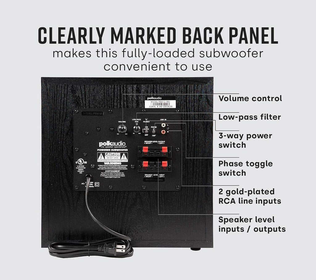 Polk Audio PSW10 10" Powered Subwoofer Home Audio – Power Port Tech  Up to 100 Watts  Big Bass in Compact Design  Easy Setup with Home Theater  Timbre-Matched with Monitor & T-Series Polk Speakers