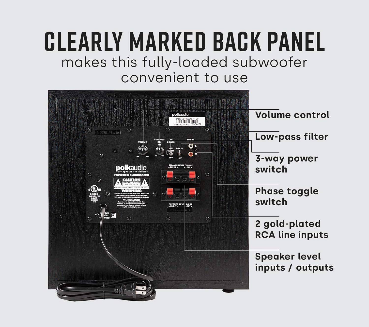 Polk Audio PSW10 10" Powered Subwoofer Home Audio – Power Port Tech  Up to 100 Watts  Big Bass in Compact Design  Easy Setup with Home Theater  Timbre-Matched with Monitor & T-Series Polk Speakers