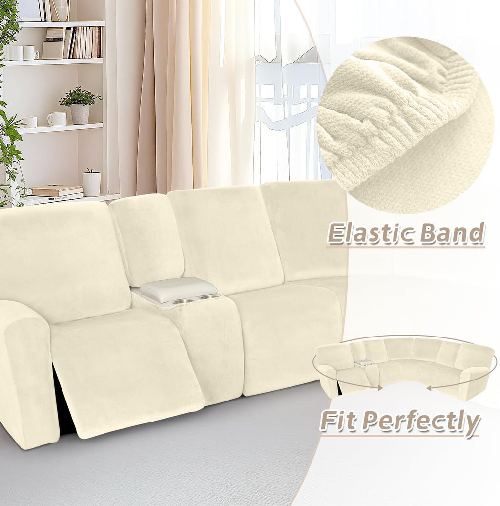 Arfntevss Sectional Recliner Couch Covers Velvet Washable Corner Sectional Sofa Cover for Reclining Stretch Soft Thick L Shape Recliner Slipcover Set (5 Seat with 1 Console Cover, Beige)