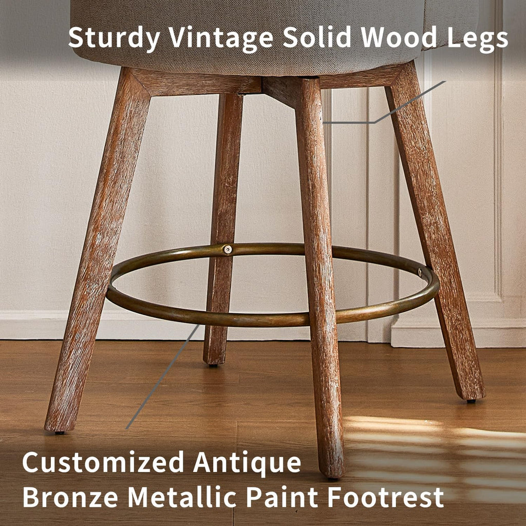 Counter Height Bar Stools,Sand-Colored Linen Comfort Fabric Bar Stool Set of 2,360° Swivel Counter Height Stools Solid Wood Legs,27'' Barstools with Contoured Backrest