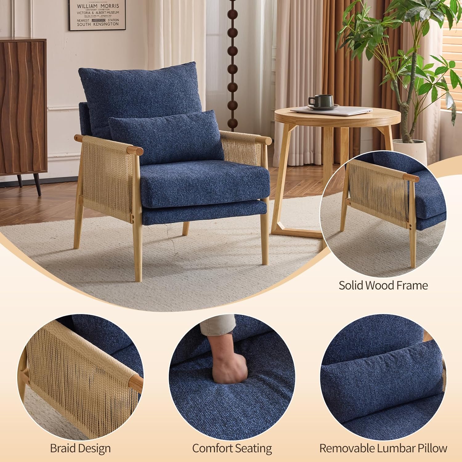 Karl home Cozy Chenille Accent Chair with Lumbar Pillow & Rattan Arms Modern Lounge Chair for Living Room, Bedroom, Reading Nook, Blue