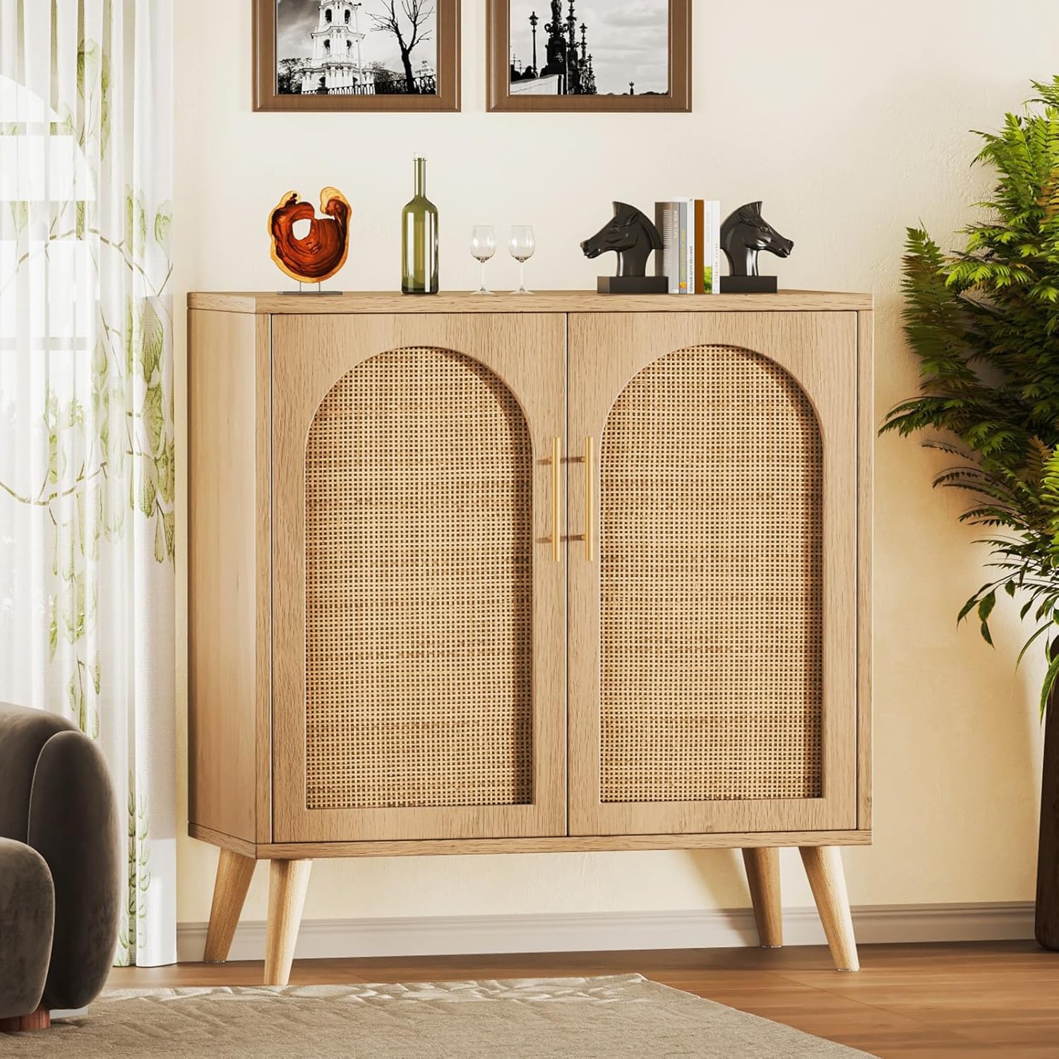 Rovaurx Rattan Storage Cabinet with Doors, Modern Accent Bathroom Floor Cabinet, Sideboard Buffet for Living Room, Entryway, Dining Room and Kitchen, Natural BMGZ108M