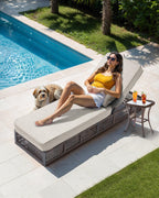 Luxury Outdoor Chaise Lounges with 5 Inch Thickened Cushions - Set of 4 High Back Brown Wicker Patio Recliners Rattan Reclining Chairs Porch Poolside Pool Sunbathing Lounger- Beige