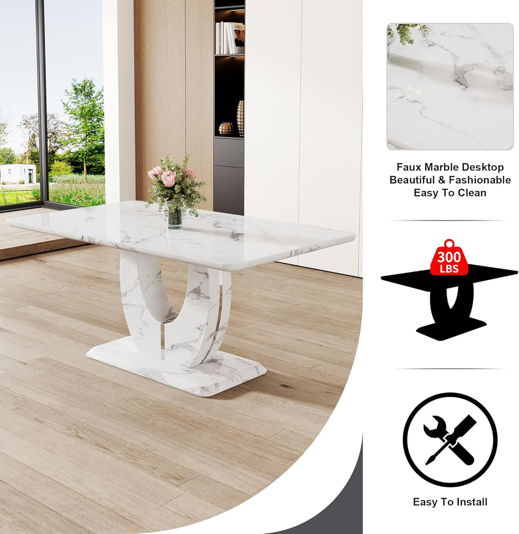JUFU 63" Faux Marble Dining Table for 6, Modern Rectangular Kitchen & Dining Room Table, White Marble-Look MDF Top with U-Shaped Pedestal Base, Easy to Assemble