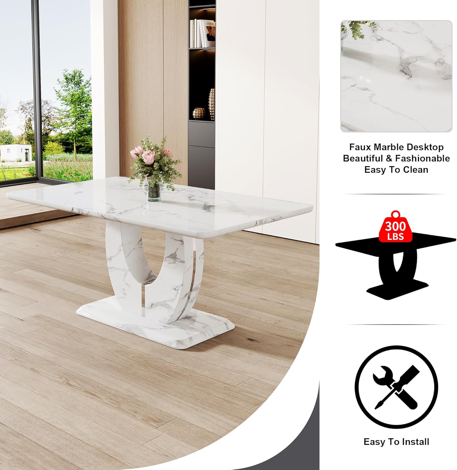 JUFU 63" Faux Marble Dining Table for 6, Modern Rectangular Kitchen & Dining Room Table, White Marble-Look MDF Top with U-Shaped Pedestal Base, Easy to Assemble