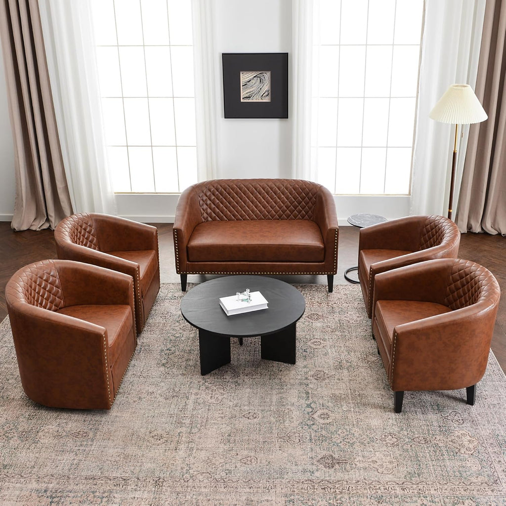 KINWELL 29" W Faux Leather Barrel Chairs Set of 2, Modern PU Upholstered Tufted Club Chairs with Nailhead Trim, Small Armchairs Accent Chairs for Living Room Bedroom Apartment Lounge Nursery, Brown