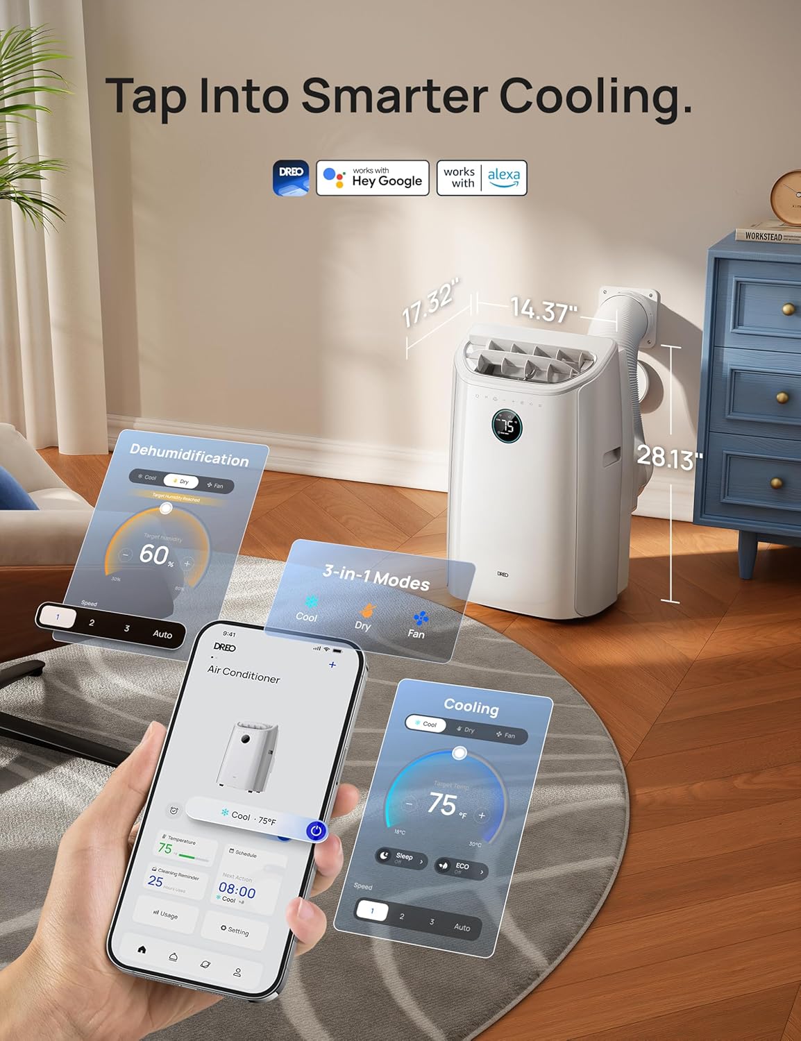 DREO Portable Air Conditioners, 12000 BTU ASHRAE (8000 BTU DOE) Smart AC Unit for Room with Drainage-free Cooling, APP/Voice/Remote, Fan & Dehumidifier, Quiet Standing AC for Bedroom, AC515S, White