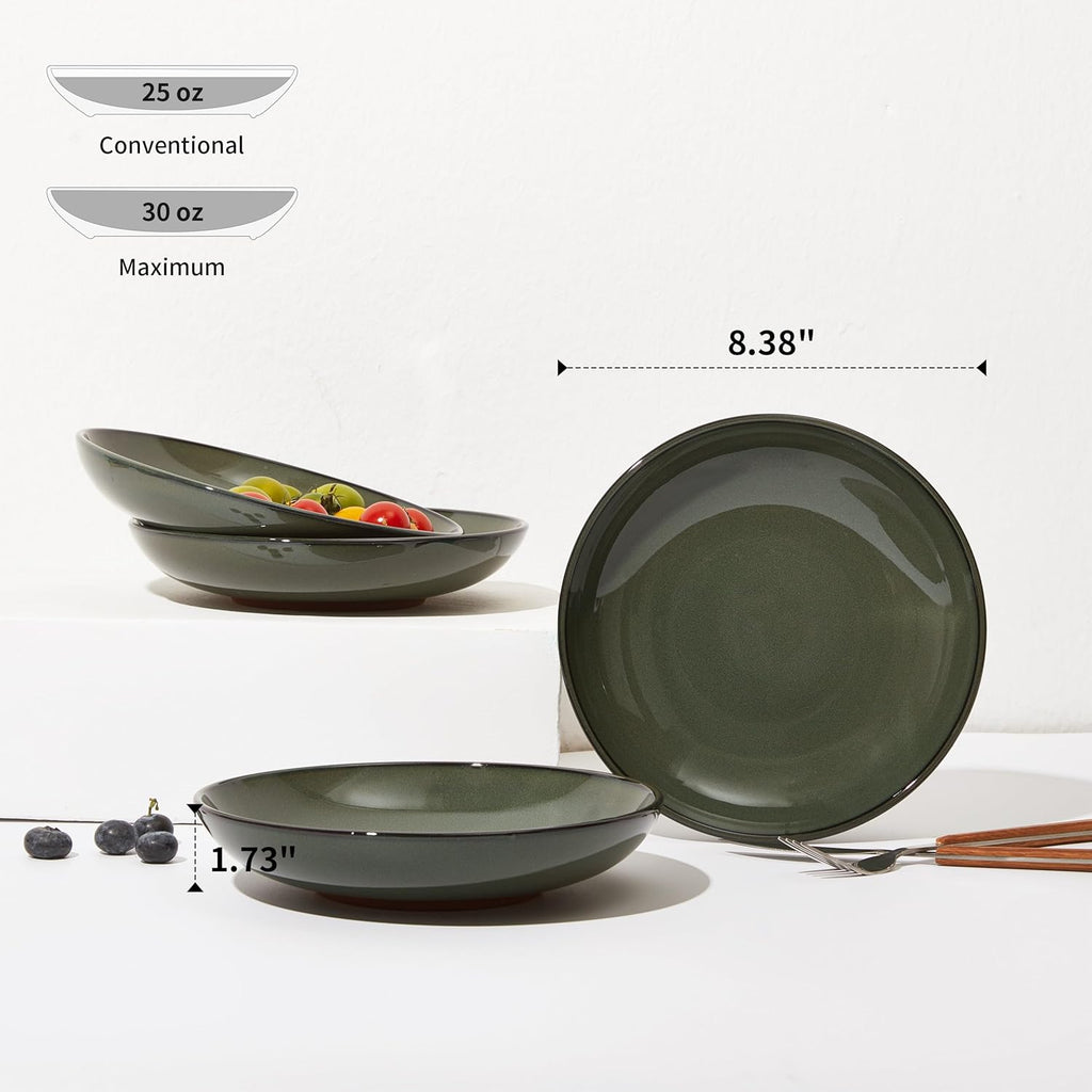 Pokini 16 Piece Double Bowl Dinnerware Sets with Pasta Bowls, Highly Chip and Crack Resistant Plates and Bowls Sets, Natural Earthyware Ceramic Dishware Sets, Service for 4 Blackish Green