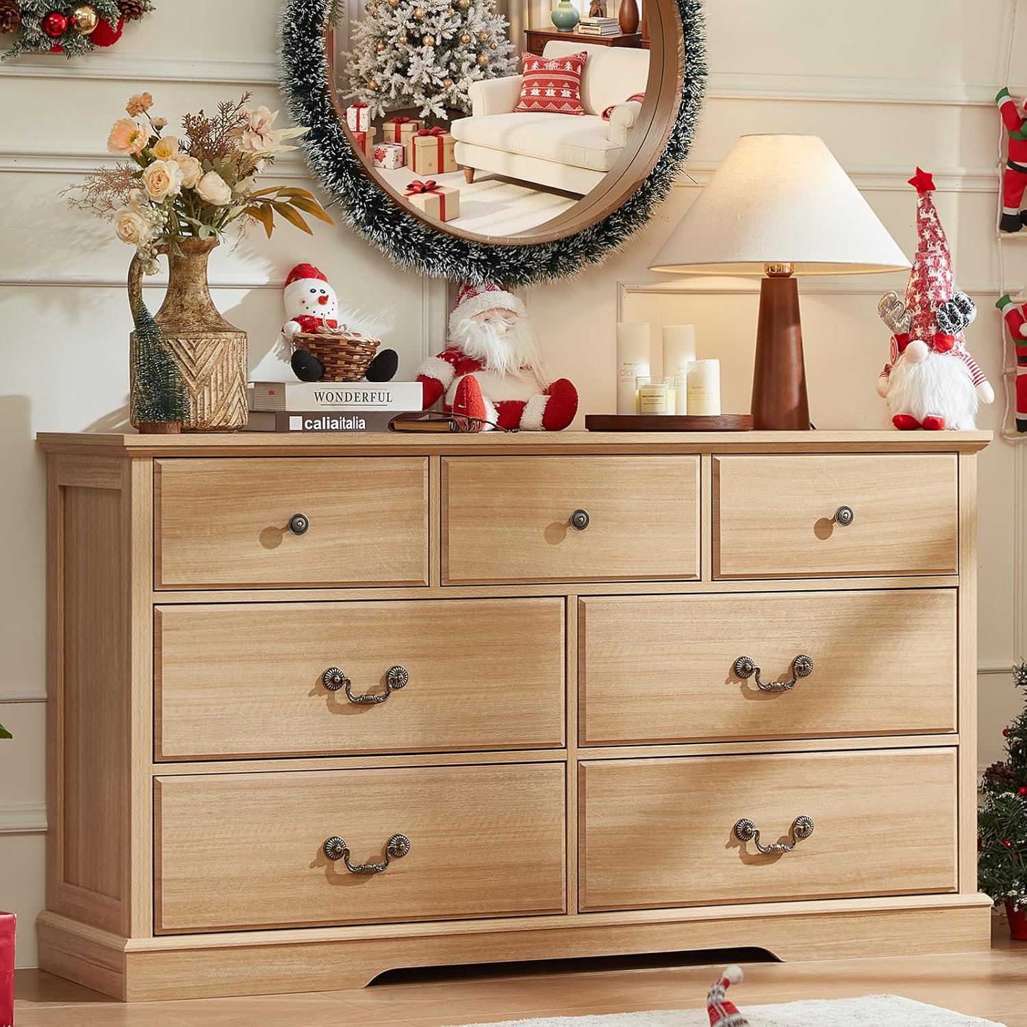 Farmhouse 7 Drawer Dresser for Bedroom,57" Wide Wood Rustic Chest of Drawers,Farmhouse Chest of Drawers for Bedroom,Wood Drawer Organizer for Bedroom,Hallway,Natural