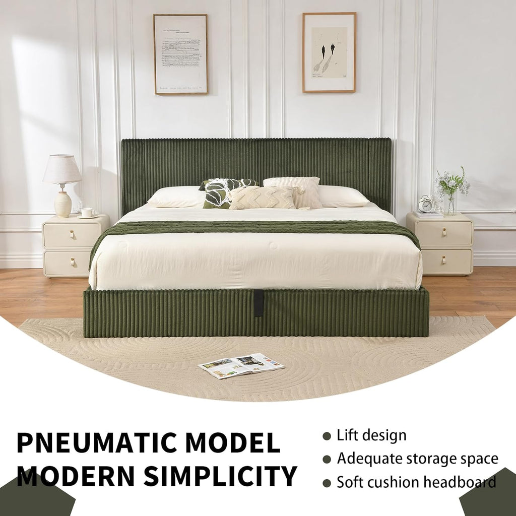 YUHUASHI King Size Storage Bed Frame, Vertical Striped headboard with Delicate Velvet Fabric, Hydraulic Lift for Storage, no Box Spring Needed, no Noise (Green, King (U.S. Standard))
