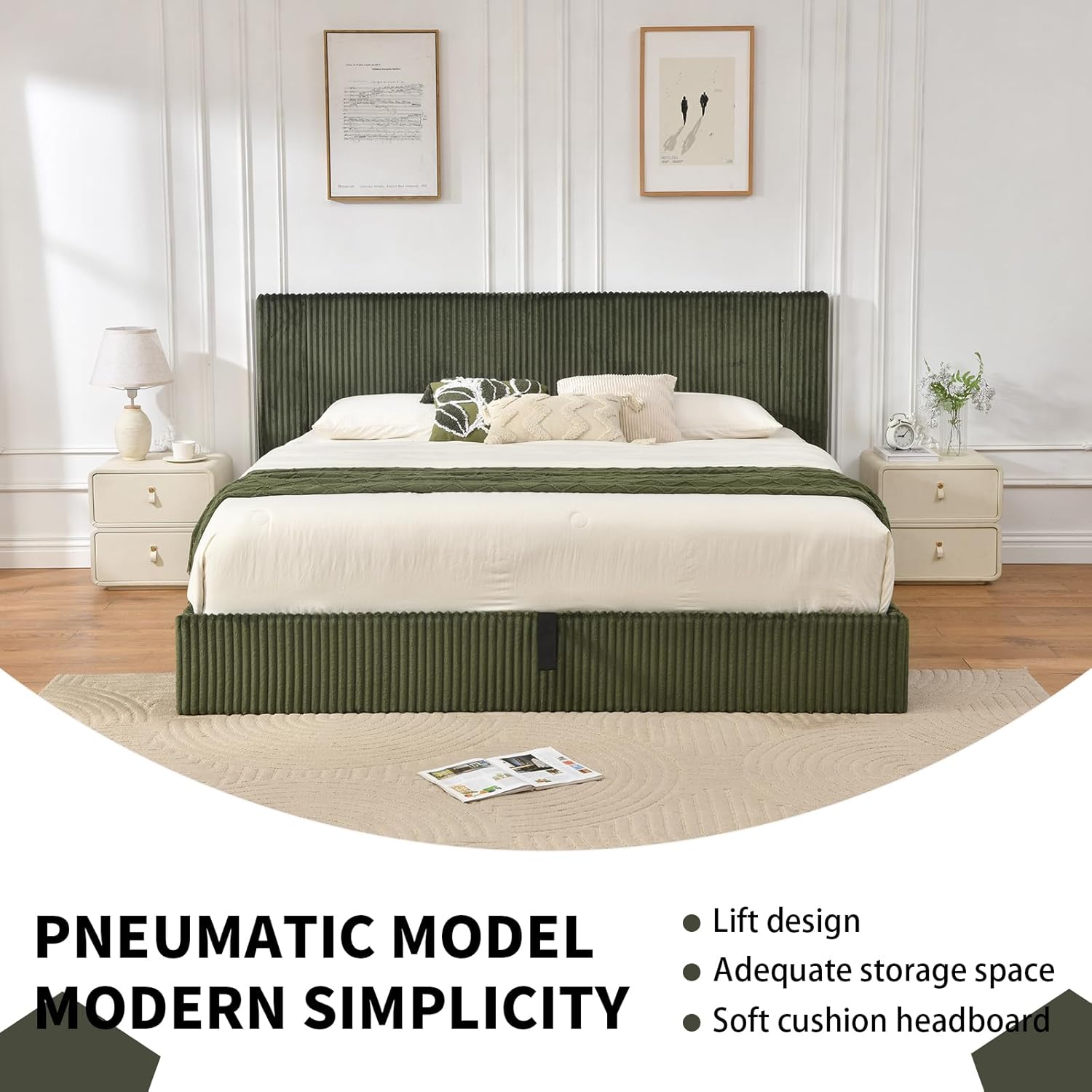 YUHUASHI King Size Storage Bed Frame, Vertical Striped headboard with Delicate Velvet Fabric, Hydraulic Lift for Storage, no Box Spring Needed, no Noise (Green, King (U.S. Standard))