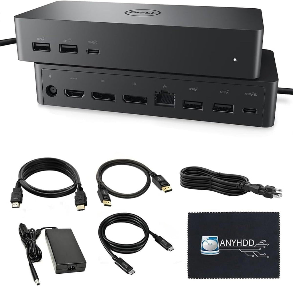 UD22 Dell Docking Station Dual Monitor Bundle - USB-C/USB-A Universal Dell Dock for Laptops Comes with 130W Adapter + Anyhdd HDMI  DisplayPort  USB-C Cables & Cloth - Supports Dual/Triple/4 Monitors