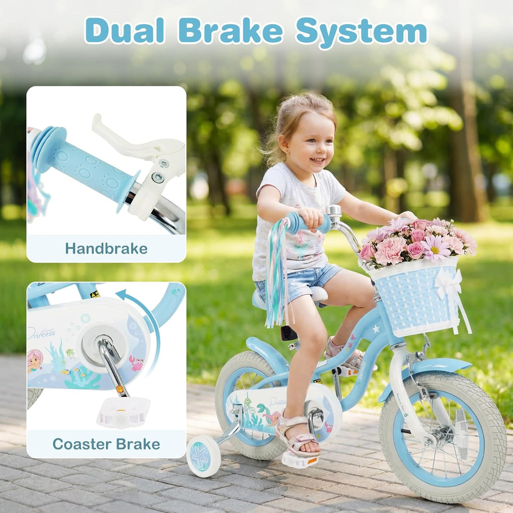Olakids Kids Bike, 12 14 16 18 20 Inch Mermaid Theme Girls Bicycle with Training Wheels Basket Adjustable Seat and Handlebar Dual Brake