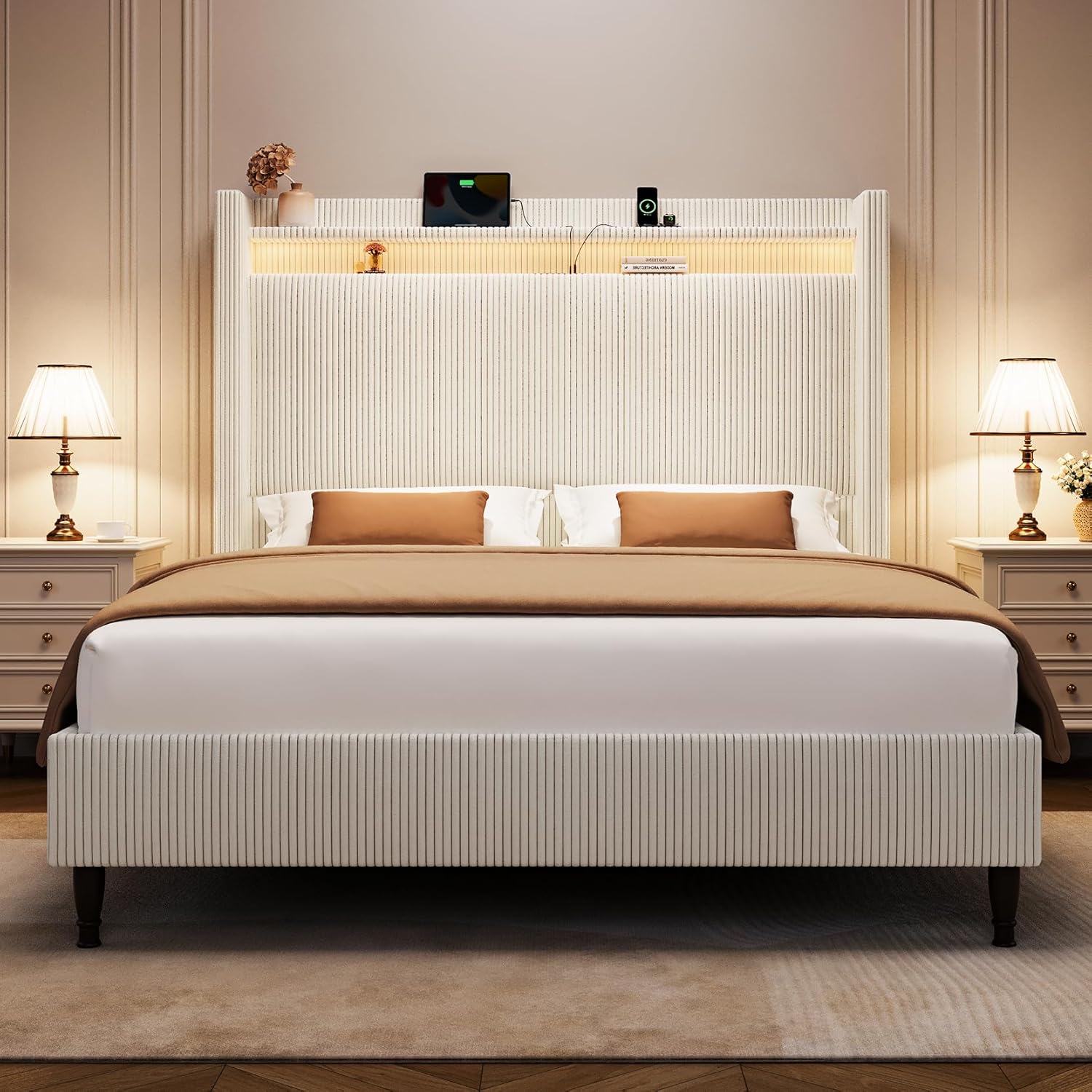 Queen Bed Frame with Tall Headboard, 55.3" Upholstered Platform Queen Size Bed Frame, Elegant Corduroy Wingback Bed with LED Lights & Charging Station, No Box Spring Needed, Solid Wood Slats, Cream