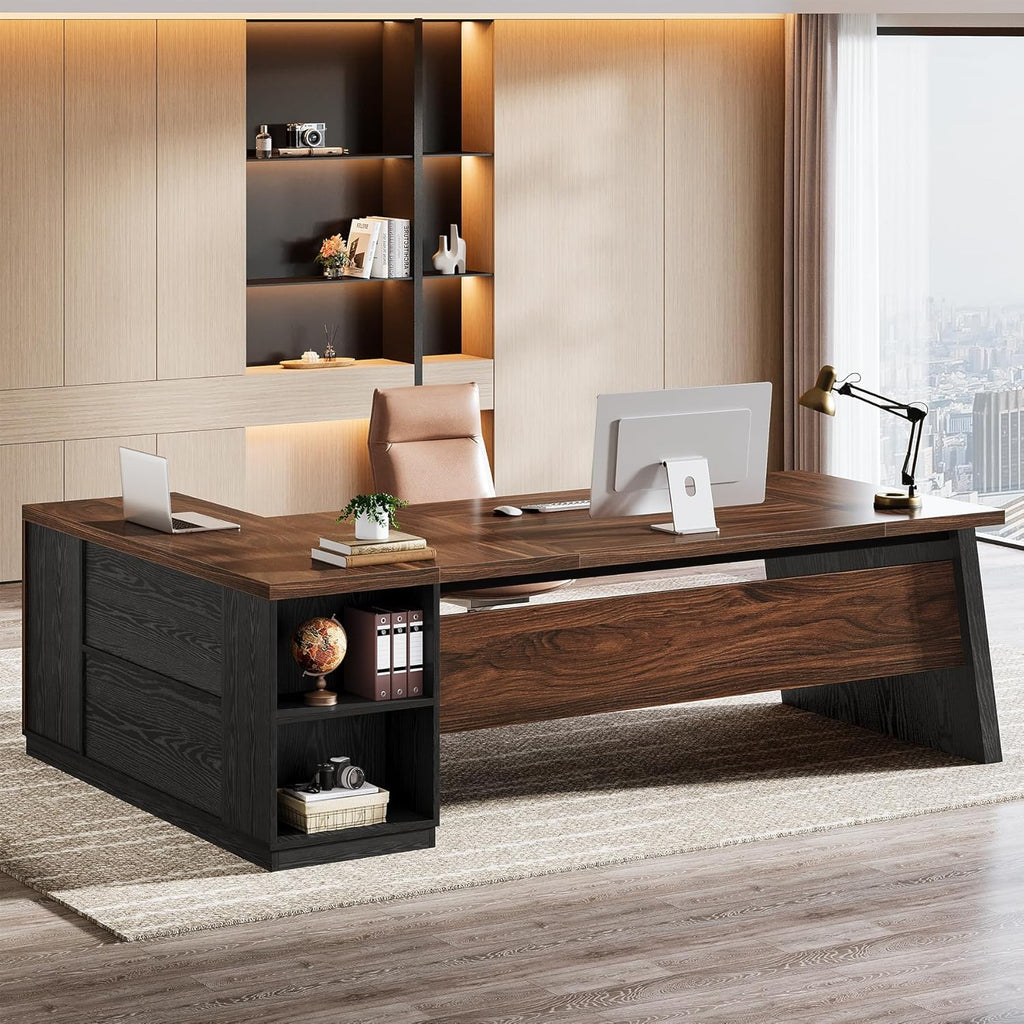 Tribesigns 78-Inch L-Shaped Executive Desk, Large Computer Desk with 2 Drawers and Storage Shelves, Business Furniture Workstation for Home & Office (Brown and Black)