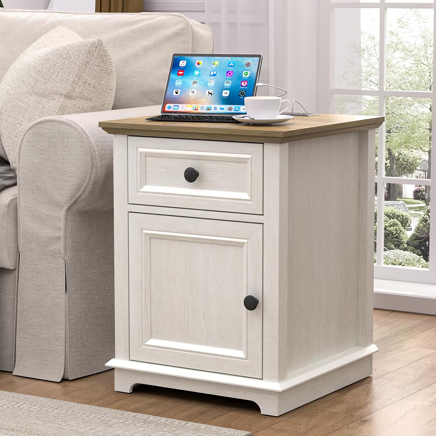 End Table with Charging Station, Fast Charge, End Table with Drawer, Big Storage Side Table for Living Room/Bedroom, White
