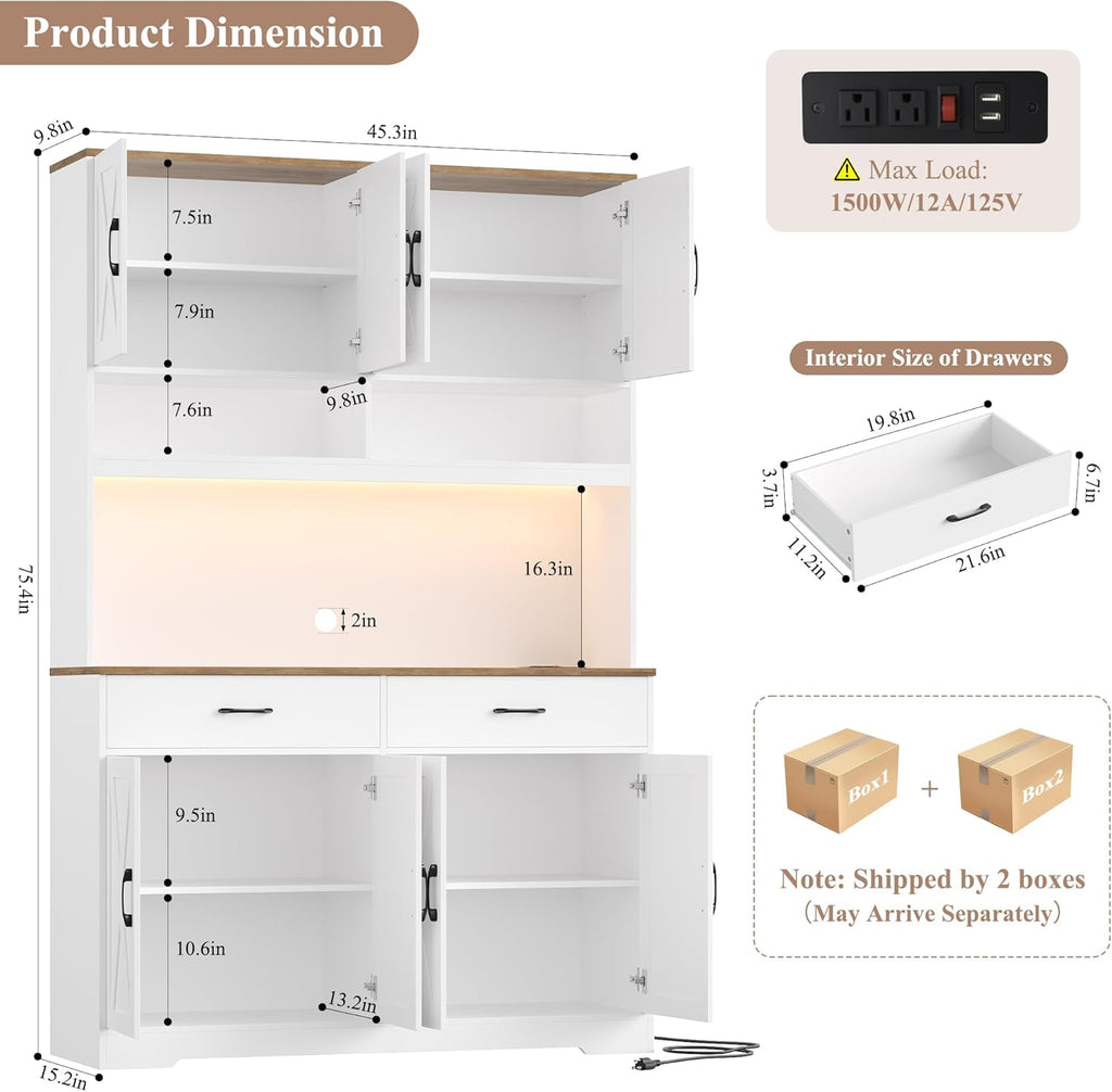 HOSTACK Modern Farmhouse Pantry Cabinet, 75" Tall Kitchen Pantry Storage Cabinet with Charging Station, RGB LED Light, Multi-Purpose Kitchen Storage Hutch Cabinets with Adjustable Shelves, White