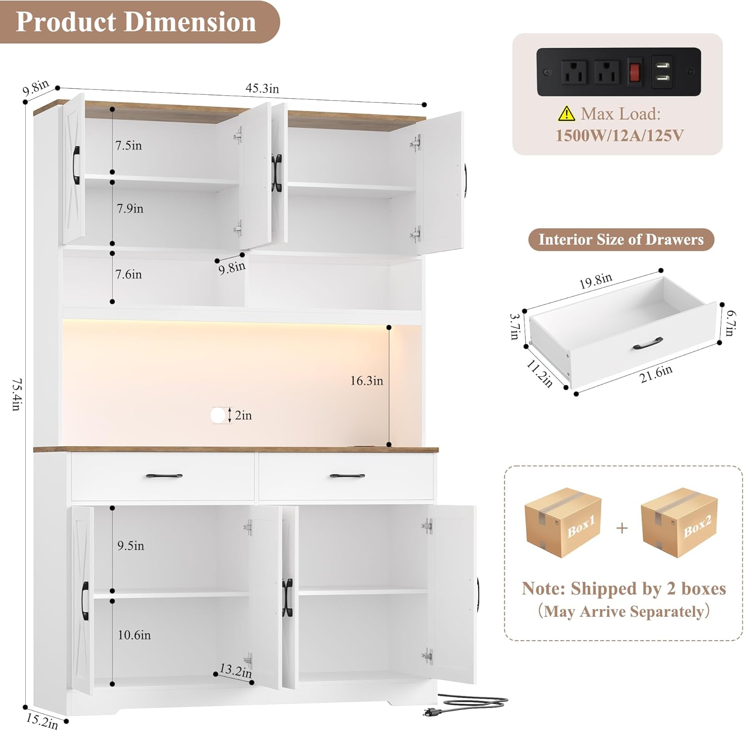 HOSTACK Modern Farmhouse Pantry Cabinet, 75" Tall Kitchen Pantry Storage Cabinet with Charging Station, RGB LED Light, Multi-Purpose Kitchen Storage Hutch Cabinets with Adjustable Shelves, White