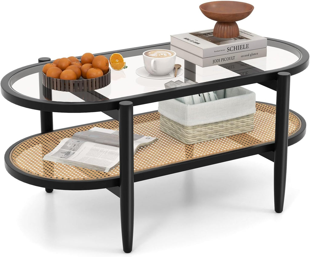 Giantex Rattan Coffee Table, 2-Tier Oval Wood Tea Table with Tempered Glass Tabletop & PE Rattan Storage Shelf, 40" Boho Cocktail Tables, Mid Century Modern Center Table for Living Room Office, Black