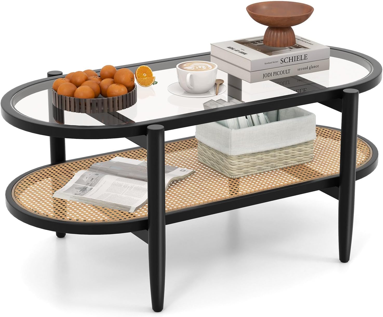 Giantex Rattan Coffee Table, 2-Tier Oval Wood Tea Table with Tempered Glass Tabletop & PE Rattan Storage Shelf, 40" Boho Cocktail Tables, Mid Century Modern Center Table for Living Room Office, Black