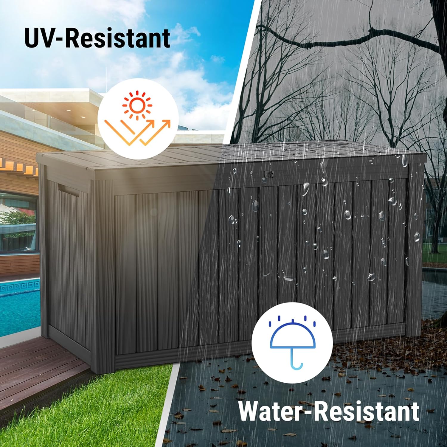 Mars Villa 150 Gallon Outdoor Storage Box, Large Resin Deck Box, Waterproof Storage Bin with Lockable Lid, Ideal for, Outdoor, Patio Furniture Cushions, Pool Supplies, Garden Tools, Black