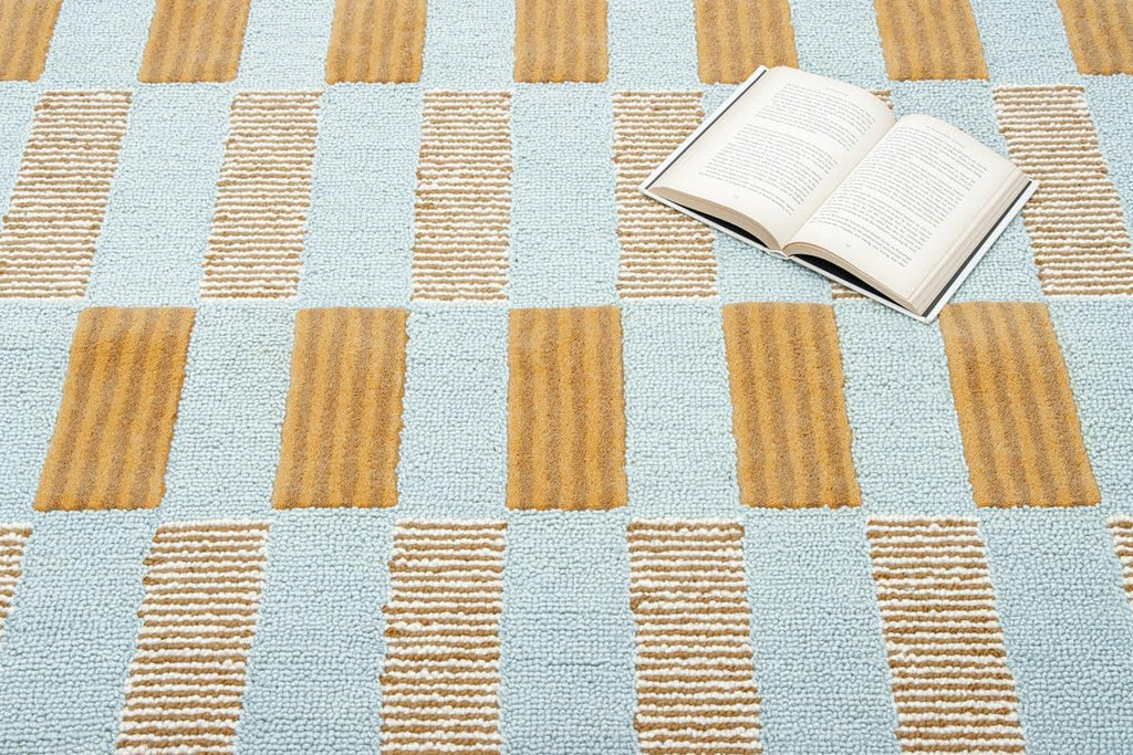 Checkered Hand-Tufted 100% Wool Area Rug - 5x8 Ft, Rectangular Light Blue Base with Mustard and Beige Blocks, Olive Green Scalloped Edge, Cotton Backing Plush Carpet for Bedroom & Nursery